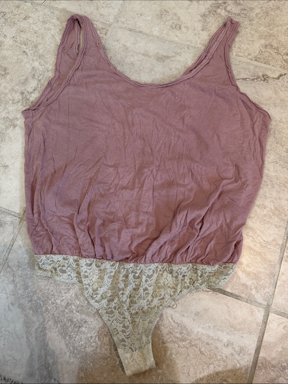 Free People Mauve Tank Bodysuit with Cream Lace Trim